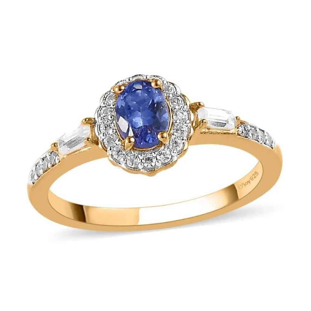 AAA Tanzanite and White Zircon Halo Ring in Vermeil Yellow Gold Over Sterling